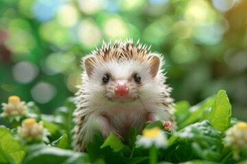 A baby hedgehog in a green plant background