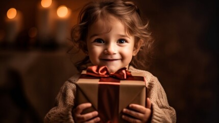 Young girl holding a gift box with candles in the background
