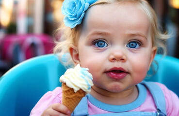 Wall Mural - Cute baby girl eats ice cream . banner. Summer vibes. Adorable blue eyed little girl.