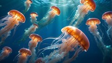 As The Jellyfish Float Serenely, Tiny Particles Of Plankton And Other Marine Life Dance Around Them, Creating A Dynamic And Bustling Ecosystem. The Scene Is Alive With Activity, Yet There Is A Sense O