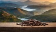 Coffee beans on a wooden table with a wonderful landscape with a coffee machine, cat, dog, steam, smell