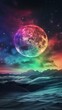 Aurora borealis like rainbow colors on the moon sky with a surreal weird dark touch Background created with Generative AI Technology