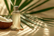 Aromatherapy and skin care benefits of coconut palm oil, coconuts, and green palm tree leaf on a brown background. Skincare treatments.