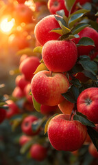 Wall Mural - Organic red ripe apples on the orchard tree with dew at sunrise