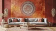 a radiant mandala on a muted terracotta backdrop, paired harmoniously with a comfortable sofa.
