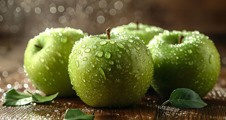 Wall Mural - Green apples on wooden table