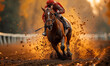Jockey on horse racing on the track with motion blur