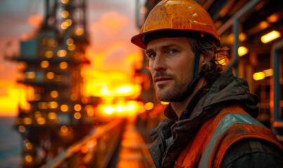 Wall Mural - Man wearing hard hat and safety gear looks out over oil rig at sunset.