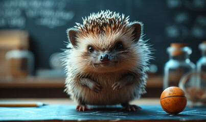 Hedgehog stands on blackboard in classroom with basketball and chalk board in the background