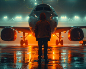 Wall Mural - Silhouette of man in raincoat and hood stands on the background of large passenger airplane and looks at the plane through the window at night in the hangar at the airport