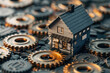 A beautifully captured image that illustrates a classic wooden house resting on intricate mechanical gears, portraying a blend of traditional and industrial themes