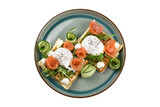 Fototapeta  - waffle with egg, fish and herbs, cut out, top view