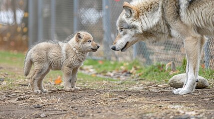  Male wolf and cub portrait with abundant space for text, object positioned on the right side