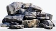 A pile of large, angular rocks. The rocks are dark gray in color and have a rough, textured surface.