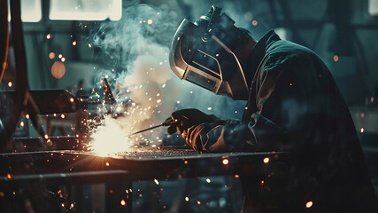 close up of a welder is welding in the workstation, welder at the workstation, welder doing hard work in the garage