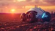 Futuristic robot planting seeds, automated farm, sunrise, wide angle, hightech agriculture, dawn light