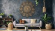 a flourishing mandala on a slate gray wall, complemented by a chic sofa arrangement.