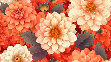 Sticker - Hand-Drawn Dahlia Flowers Seamless Pattern