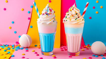 Two colorful milkshakes with whipped cream and sprinkles, placed against a vibrant background with confetti, showcasing a playful and delicious treat.