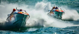 Speedboats race at high velocity, churning the ocean water with powerful, in an intense display of water sportsmanship.
