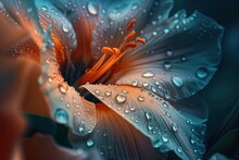 Orange Flower With Dew Drops Underwater, Amidst Abstract Blue Light And Green Macro Patterns, Creating A Beautiful Floral Fantasy