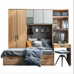 Wall Mural - A bedroom with a bed, a wardrobe and a computer desk on a white background


