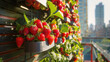 A cozy urban gardening scene featuring strawberries bursting with color in a rustic wooden planter box on a high-rise balcony. The plants are drenched in the golden glow of the setting sun.