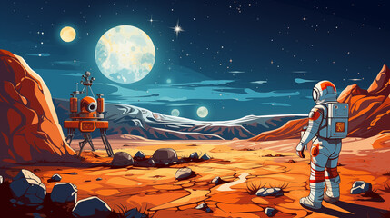 Astronaut in spacesuit stands on rocky alien landscape against spacecraft under large moon planet
