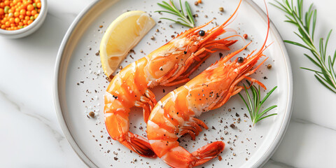 Wall Mural - Fresh prawns elegantly presented on a ceramic plate with lemon and rosemary garnish, ready for culinary use.
