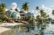 An oasis resort designed for space tourism, featuring zero-gravity relaxation pods and genetically modified palm trees engineered to thrive in extraterrestrial environments, offering a glimpse 