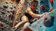 © JW Studio - Close up of fit young woman, climbing on indoor rock climbing gym in fitness, reaching new heights in business and sport. white background with copy space