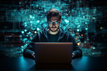 Hard working person in modern interior office programming writing web java script code AI technology generation