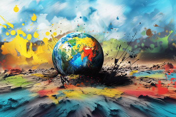 Wall Mural - Earth globe planet in vibrant colorful paint explosion on abstract background