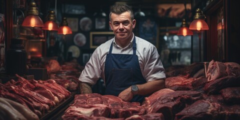 Butcher standing in a modern butcher shop, man at work. Generative AI