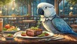 Parrot eating steak on a terrace with a great landscape, colorful, clean air, eco friendly, restaurant soup, parrot with glasses, neighborhood parrot