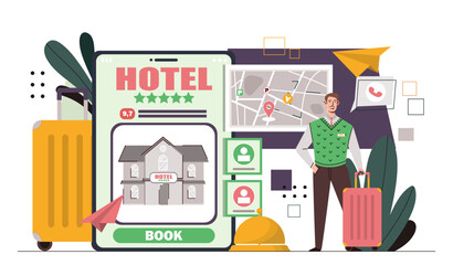 Wall Mural - booking hotel online concept. man with luggage near recption bell. mobile application for travellers