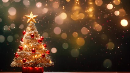 Wall Mural - Christmas tree with red and golden baubles and star on bokeh background, A Christmas and New Year background features a Christmas tree and bokeh lights, AI Generated