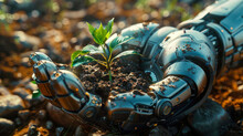 This Image Features A Highly Detailed Metallic Robotic Arm, Gently Cradling A Mound Of Soil Nested With A Youthful Plant, Illustrating The Nexus Of Advanced Technology And Natural Growth