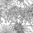 Peonies and Chinese chrysanthemums - seamless background of blue monochrome on a white background in Sketch drawing and line art style. Random pattern. Handmade vector image