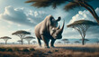 An imposing rhino roams freely across the expansive African savannah, under a sky scattered with clouds.