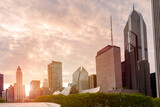 Fototapeta Big Ben - High rise buildings bordering Millennium Park in Chicago at sunset