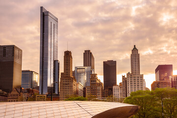 Wall Mural - Modern and old high rise buildings in Chicago downtown at sunset in spring