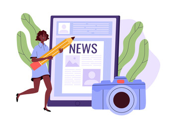 Wall Mural - development of news concept. woman with huge pencil and video camera near smartphone or digital tabl