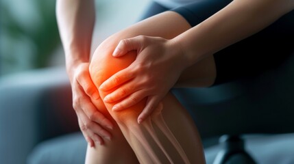 A man sitting on a couch, holding her knee in pain. Health care and medical concept.