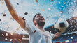 Jubilant Soccer Player Celebrates Victory Amidst Confetti Rain at the Stadium