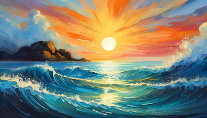 oil painting of sunset over the ocean with sun in cloudy sky. sea waves. natural landscape.