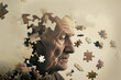 Old woman turning invisible as puzzle pieces detach and fly away, invisibility and memory concept