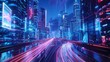 Futuristic cyberpunk cityscape with blue and pink light trails, portraying a sci-fi downtown scene at night with skyscrapers, highways, and billboards, depicted in a 3D illustration.
