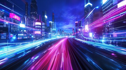Wall Mural - futuristic cyberpunk cityscape with blue and pink light trails, portraying a sci-fi downtown scene a