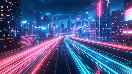 Wall Mural - Futuristic cyberpunk cityscape with blue and pink light trails, portraying a sci-fi downtown scene at night with skyscrapers, highways, and billboards, depicted in a 3D illustration.